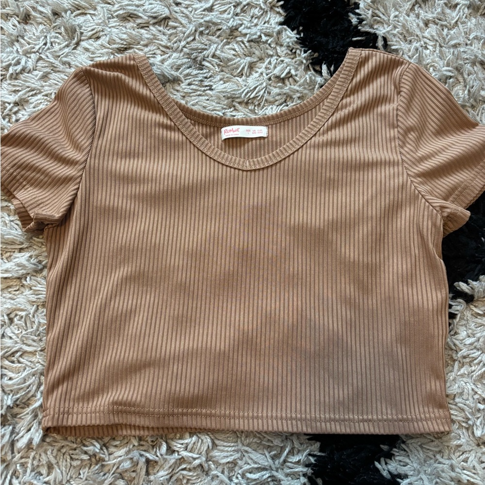 ROMWE Tan Ribbed Short Sleeve Crop Top